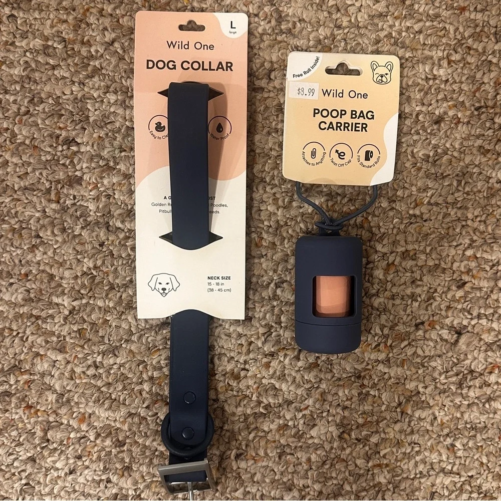 Wild One Black Dog Leash, Collar, and Poop Bag Carrier Set